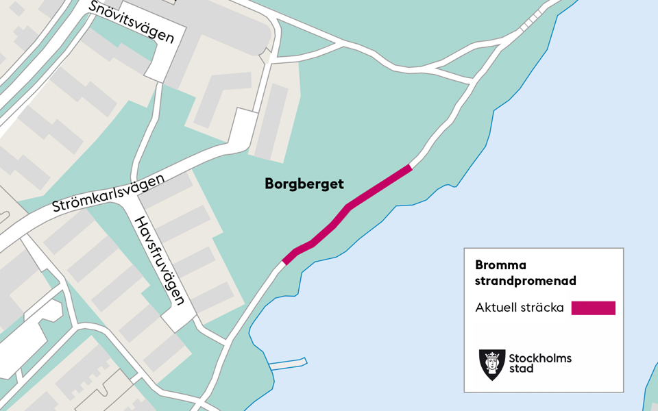 Karta över området med strandpromenaden markerad.